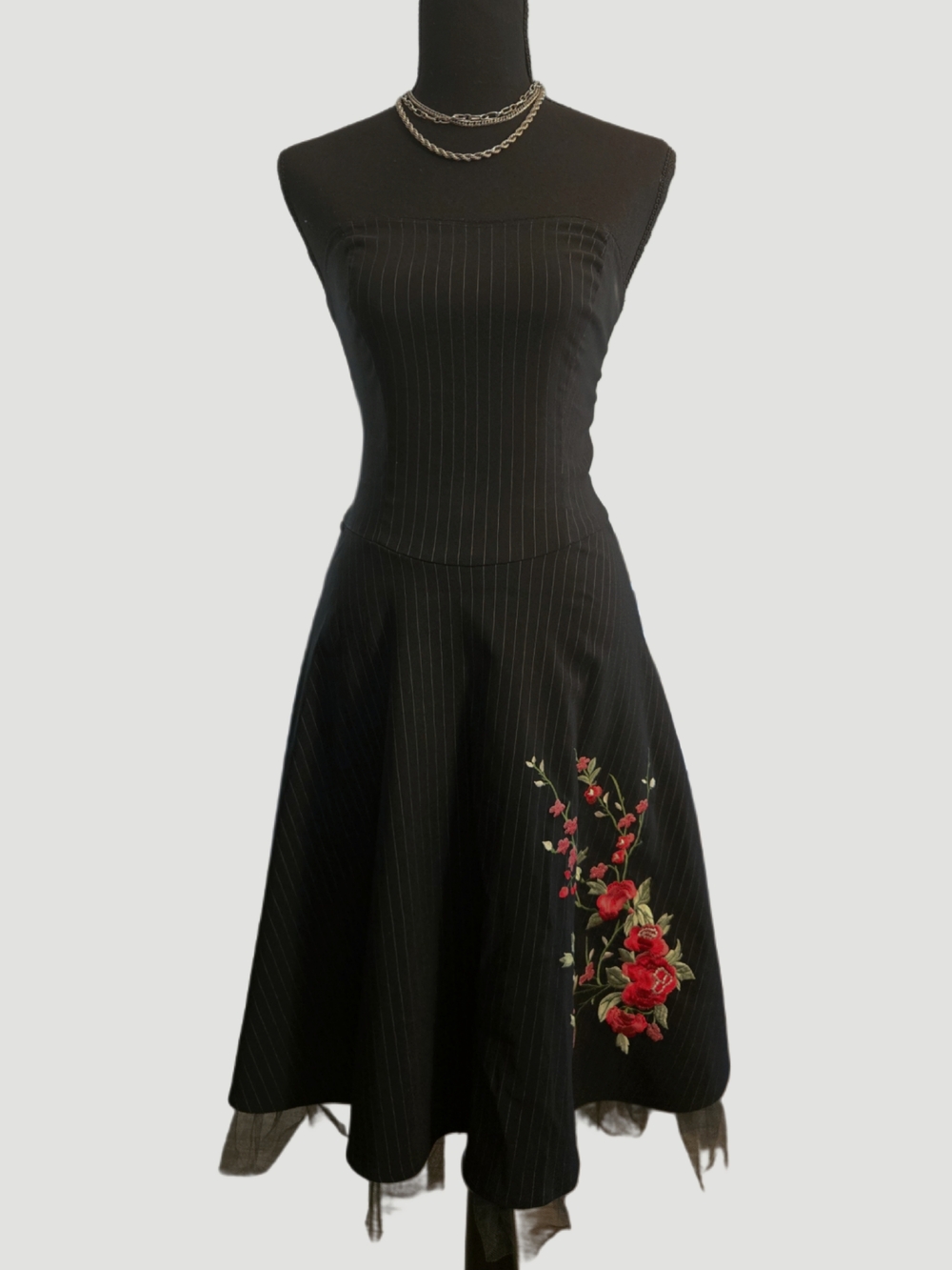 Vintage Y2k Black Strapless Pinstripe Tulle Dress with Red Floral Embroidery!